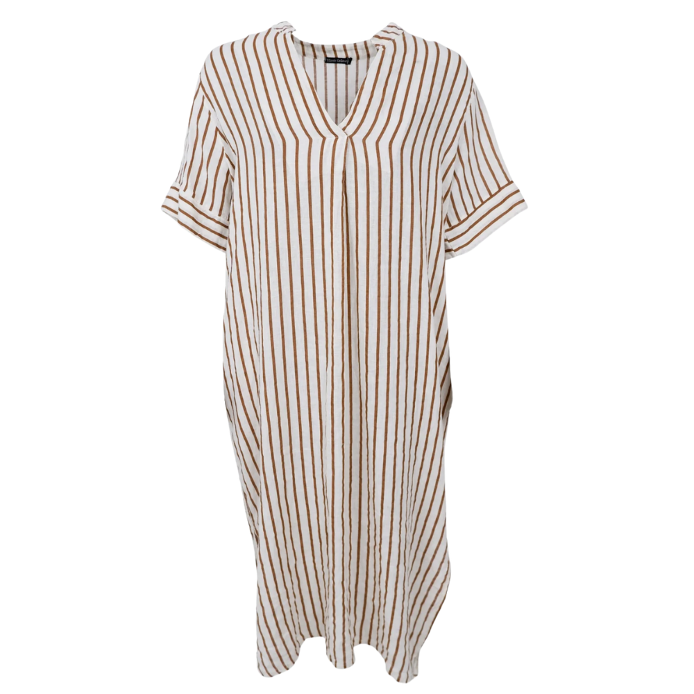Black Colour - Melina Long Linen Dress Camel Stripe