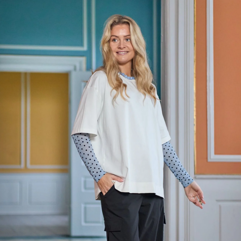 Black Colour - Dotted Mesh Blouse Jeans Blue